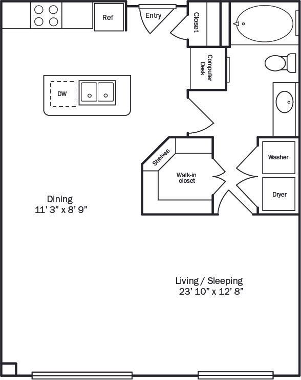 Floor plan of a one-bedroom apartment with a kitchen, dining area, living space, bedroom, and bathroom.