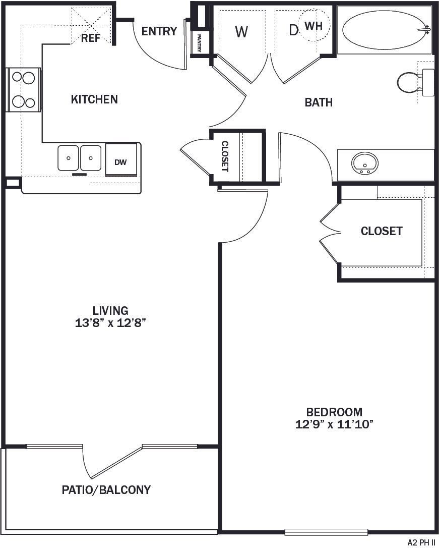 Floor plan of a one-bedroom apartment with kitchen, living room, and balcony.