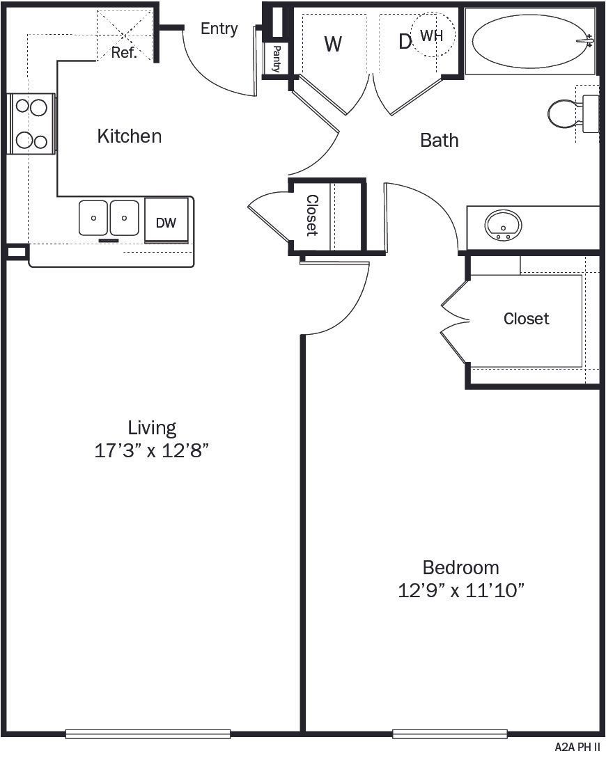 Floor plan of a one-bedroom apartment with a kitchen, living area, and bathroom.