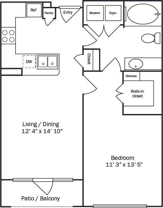 Floor plan of an apartment with a living/dining area, kitchen, bedroom, bathroom, and patio/balcony.