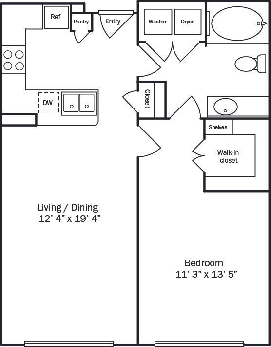 Floor plan of a one-bedroom apartment with a living/dining area, kitchen, and bathroom.