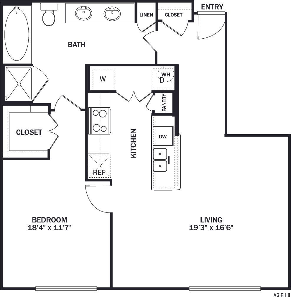 Floor plan of an apartment with a bedroom, living room, kitchen, bathroom, and closets.
