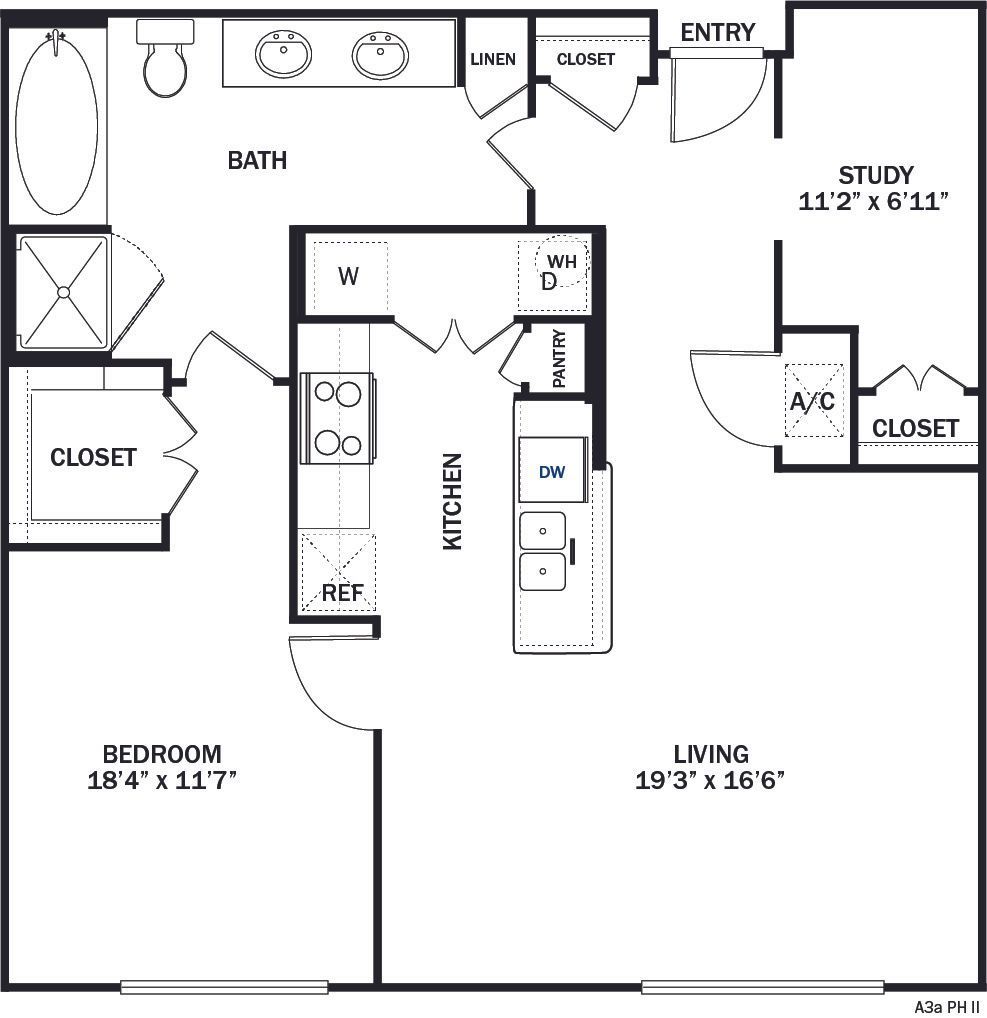 Floor plan of a one-bedroom apartment with a kitchen, living room, study, and bathroom.