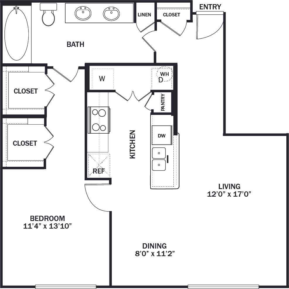 Floor plan of a one-bedroom apartment with a kitchen, dining area, and living room.