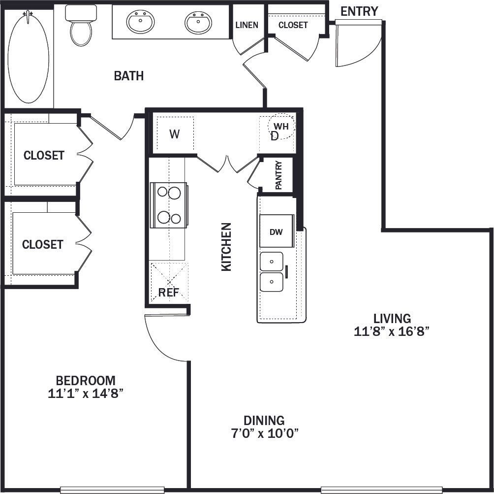Floor plan of an apartment with a bedroom, living room, kitchen, dining area, bathroom, and closets.