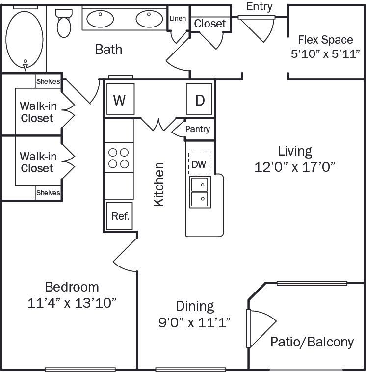 Floor plan of an apartment with a bedroom, living area, kitchen, dining area, and patio/balcony.