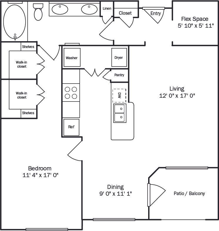 Floor plan with bedroom, bathroom, living, dining, kitchen, and flex space; with patio/balcony access.