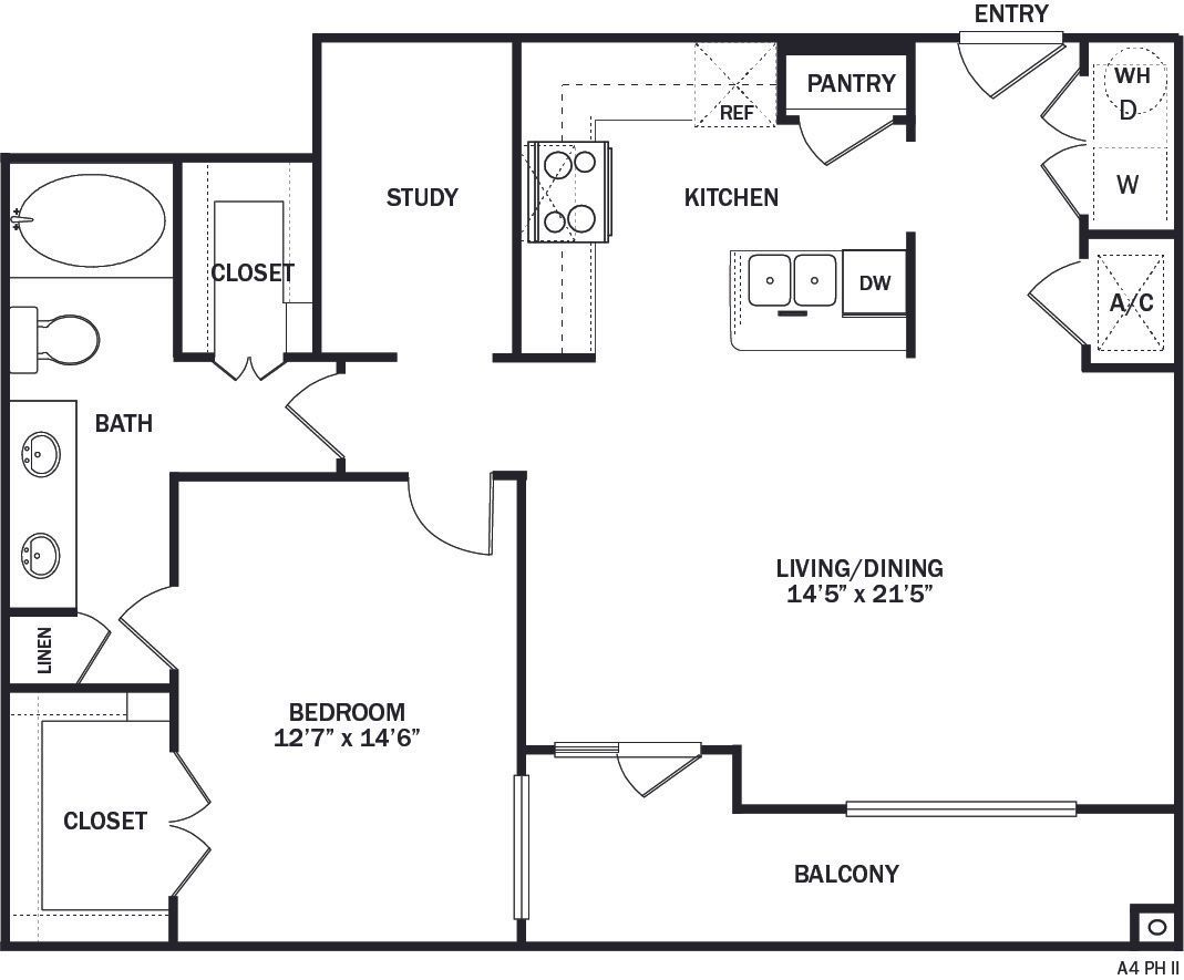 Floor plan of a one-bedroom apartment with a living/dining area, kitchen, bedroom, and balcony.
