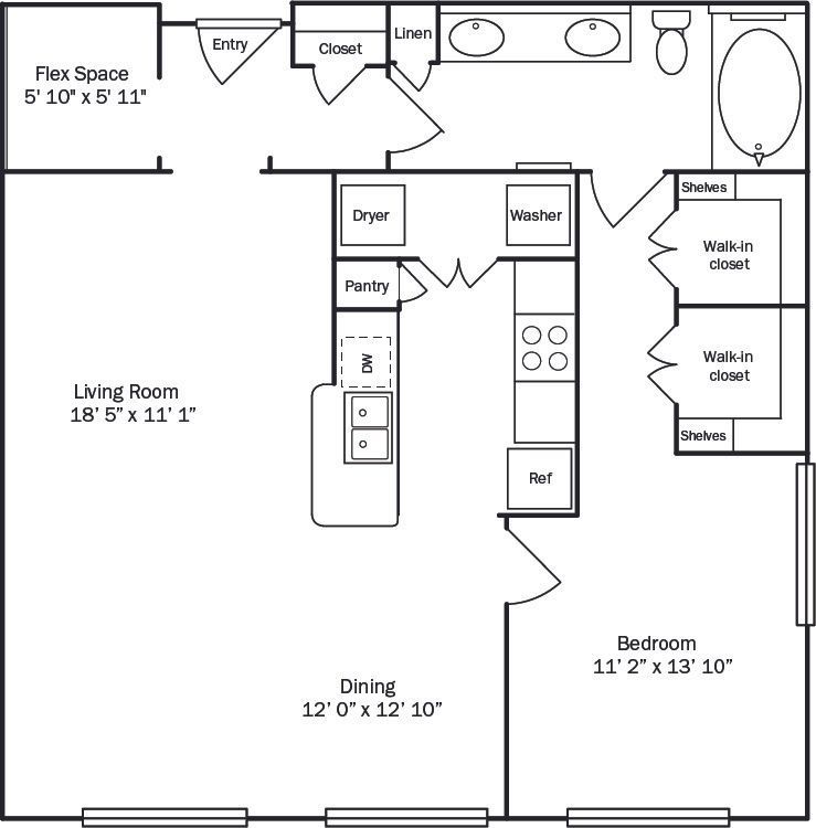 Floor plan of a studio apartment with kitchen, living/sleeping area, bathroom, and closets.