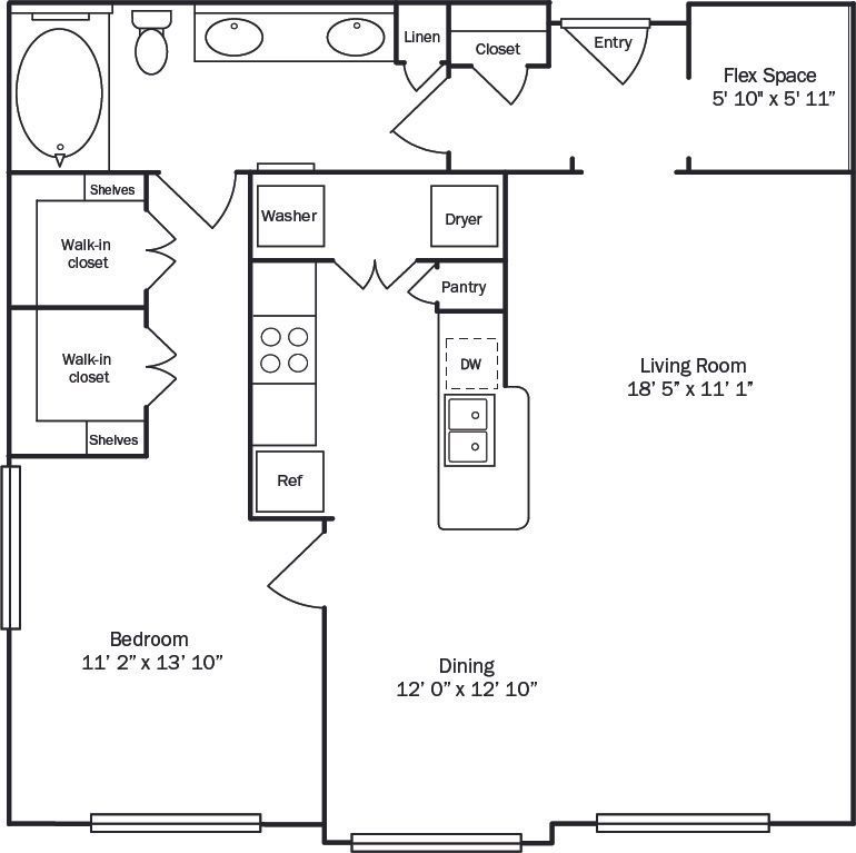 Floor plan: Bedroom, living room, dining, kitchen, flex space, bathroom, and closet layouts.