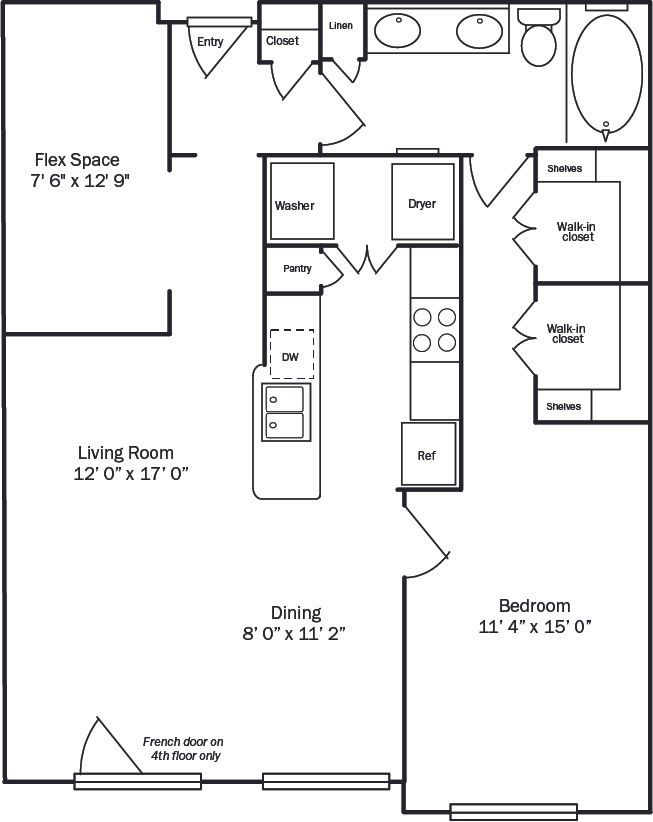 Floor plan of an apartment with a living room, dining area, flex space, bedroom, kitchen, and bathroom.