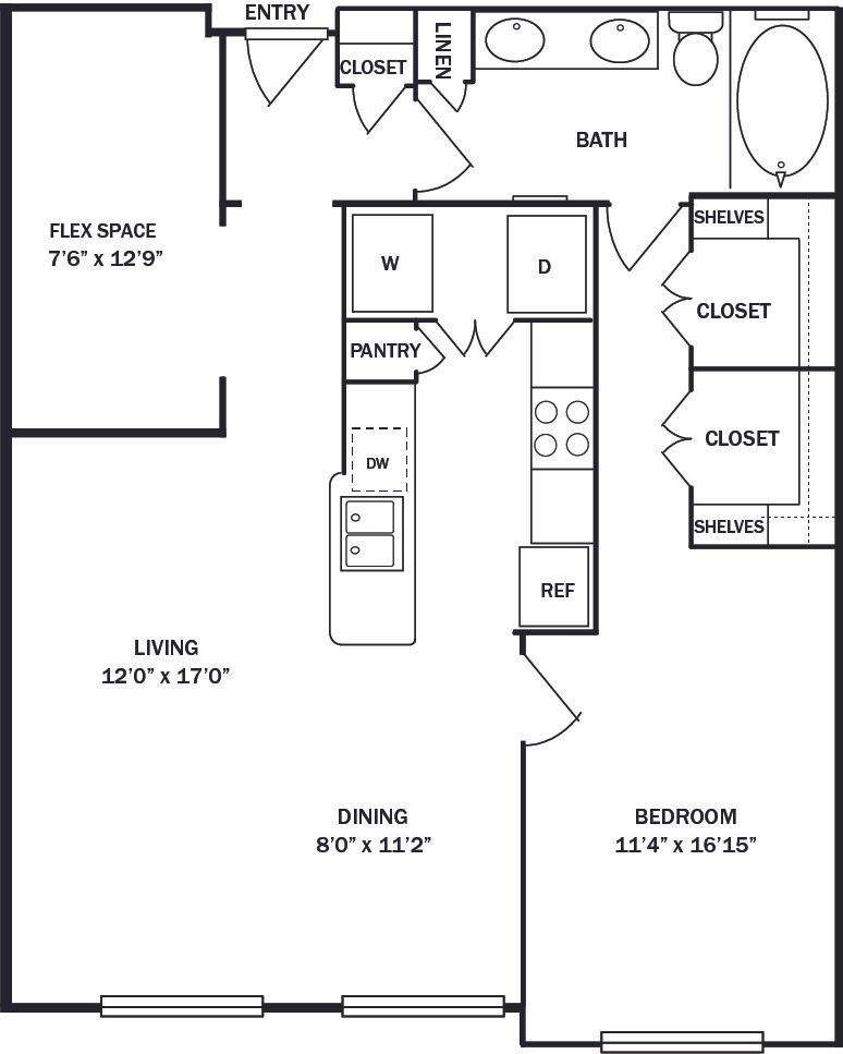 Floor plan of a one-bedroom apartment with living room, dining area, flex space, and kitchen.