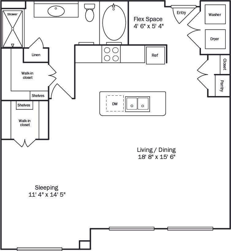 Floor plan of an apartment with a living room, dining area, bedroom, and flex space.