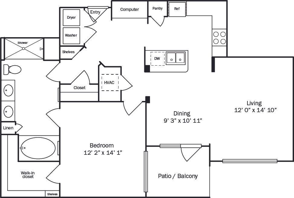 Floor plan layout of a one-bedroom apartment with kitchen, dining, living, and patio/balcony.
