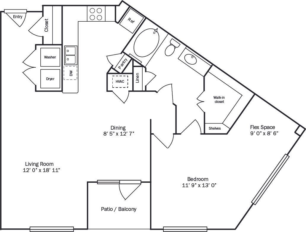 Floor plan of an apartment with labeled rooms including bedroom, living room, and kitchen.