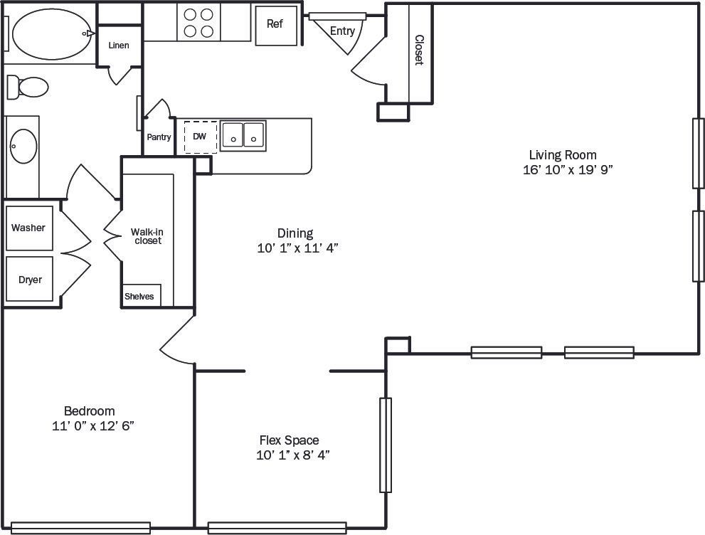 Floor plan of an apartment with a bedroom, living room, kitchen, and bathroom.