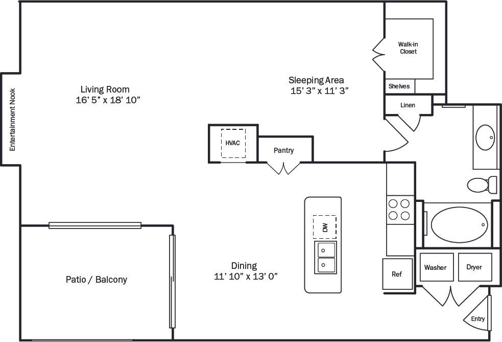 Floor plan of an apartment with a living room, balcony, dining area, kitchen, bedroom, and bathroom.