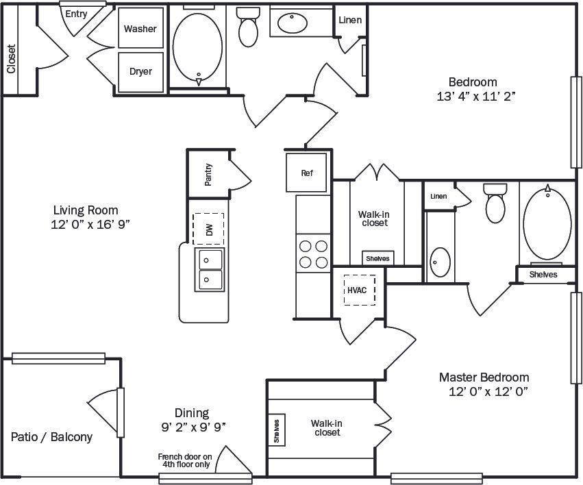 Floor plan of a two-bedroom apartment. Includes a living room, dining area, kitchen, two bathrooms, and patio.