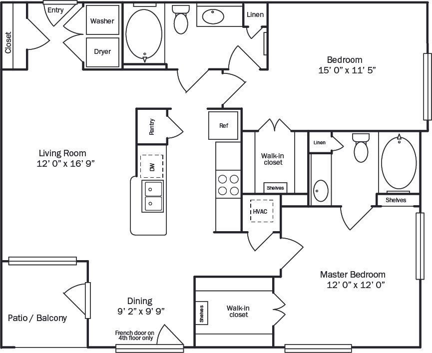 Floor plan of a two-bedroom apartment. Includes living room, dining area, kitchen, two bedrooms, and two bathrooms.