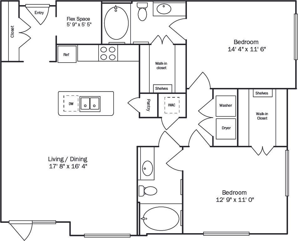 Floor plan of a two-bedroom apartment. Includes living/dining area, kitchen, two bathrooms, laundry, and closets.