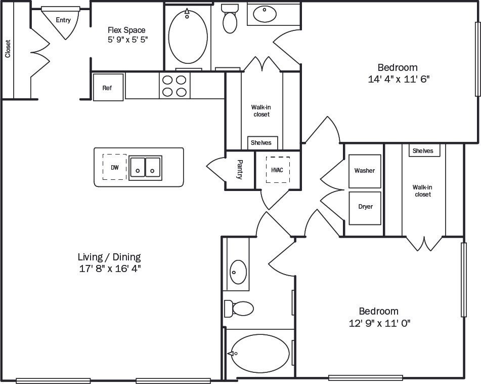 Floor plan of a two-bedroom apartment, with dimensions labeled for each room.