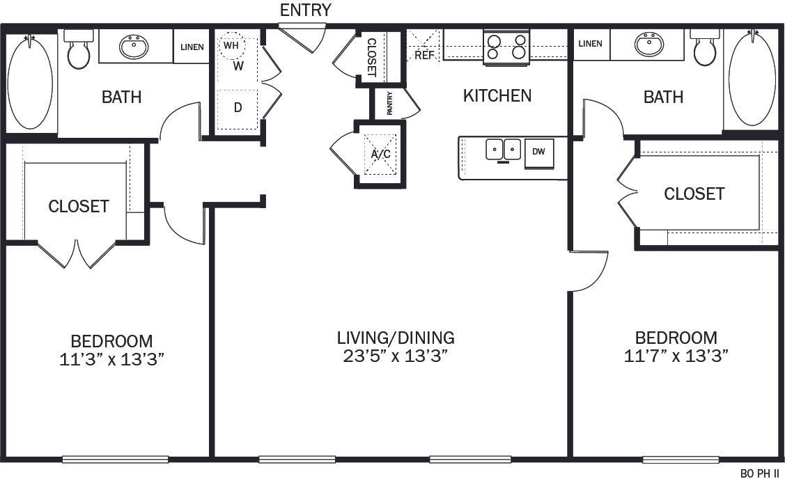 Floor plan of a two-bedroom apartment with a kitchen, living/dining area, and two bathrooms.