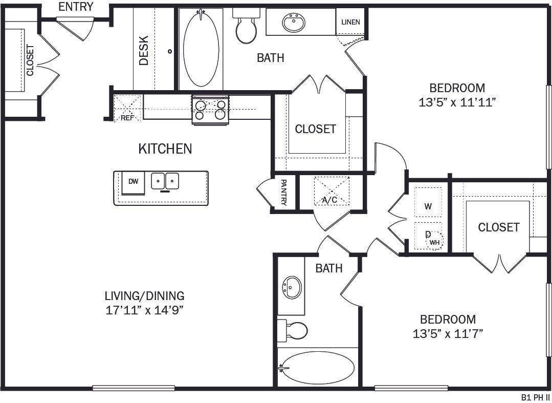 Floor plan of a two-bedroom apartment with kitchen, living room, and two bathrooms.