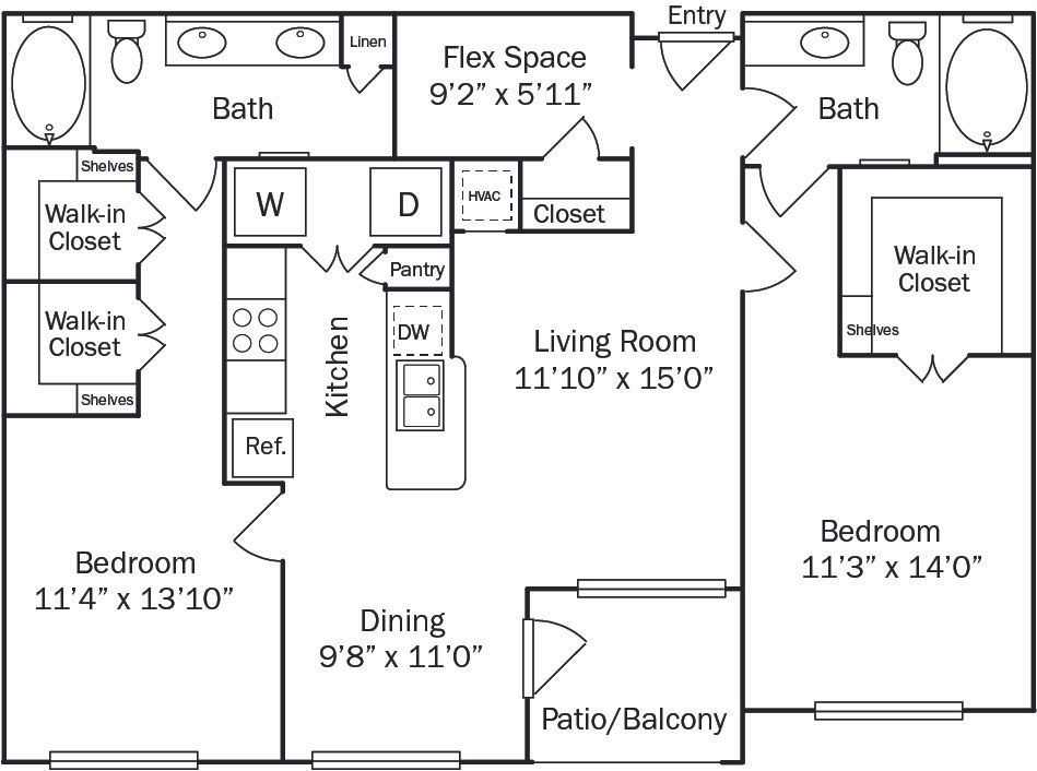 Apartment floor plan with two bedrooms, two baths, kitchen, dining area, living room, and a flex space.