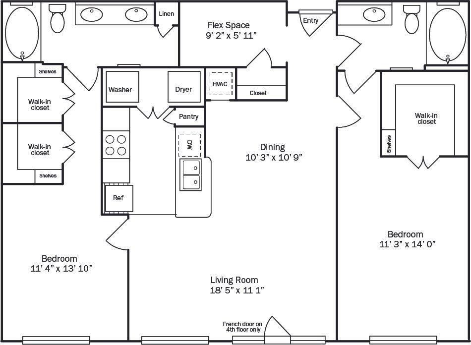 Floor plan of a two-bedroom apartment, including living areas, kitchen, bathrooms, and closets.