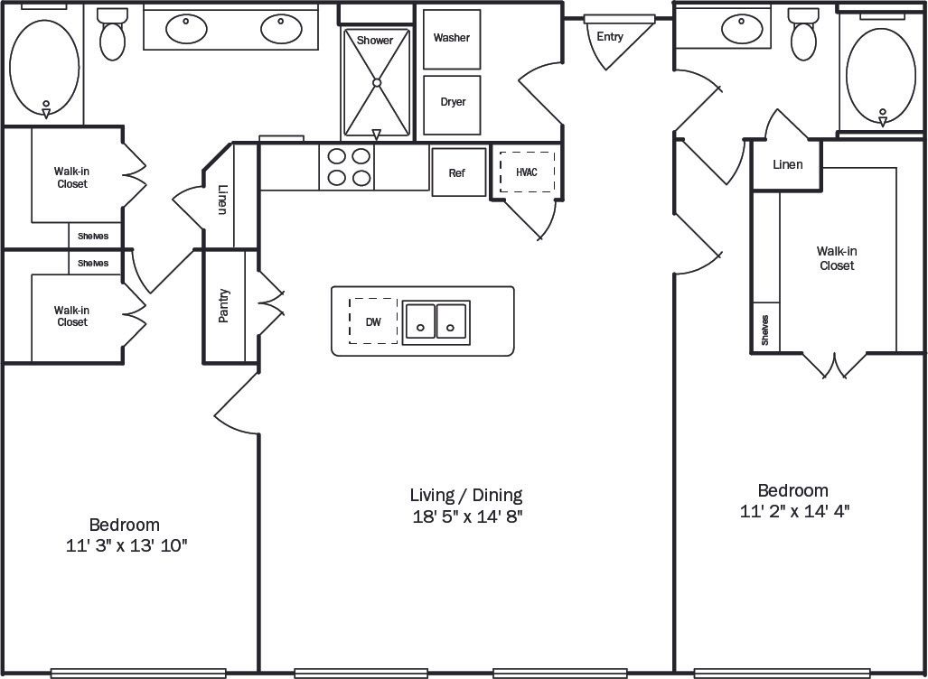 Floor plan of a two-bedroom apartment, showing rooms, kitchen island, and bathroom fixtures.