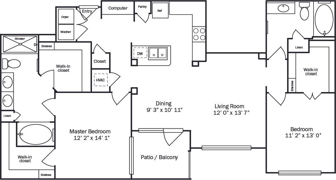 Floor plan of a two-bedroom apartment. Includes living room, kitchen, two bathrooms, and balcony.