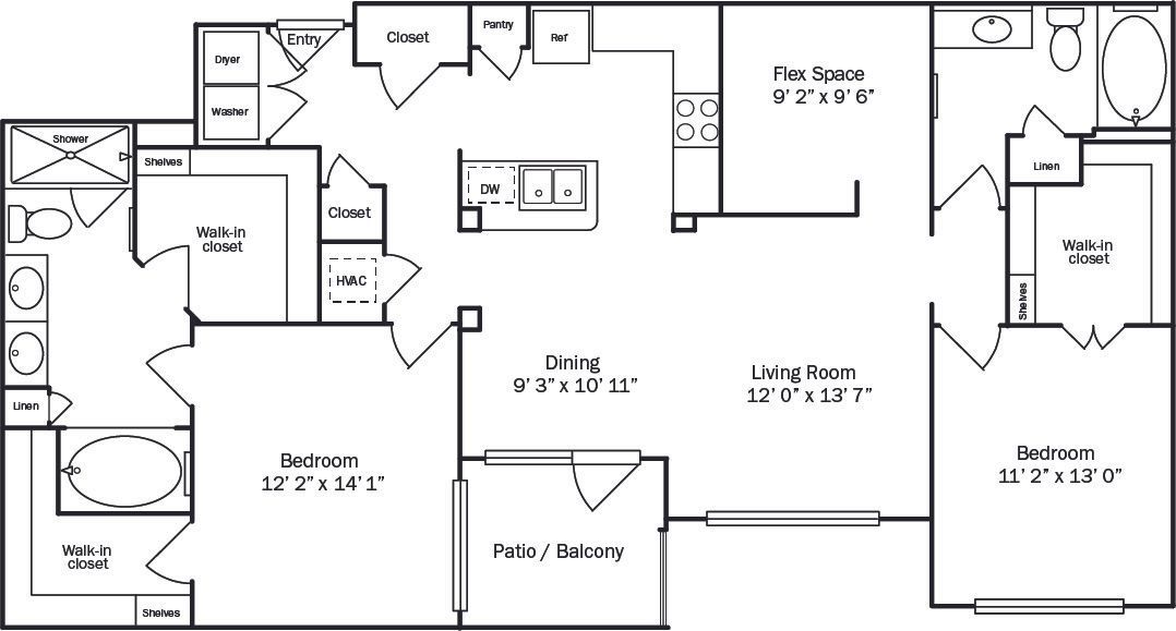 Floor plan of a two-bedroom apartment with a kitchen, living room, and balconies.