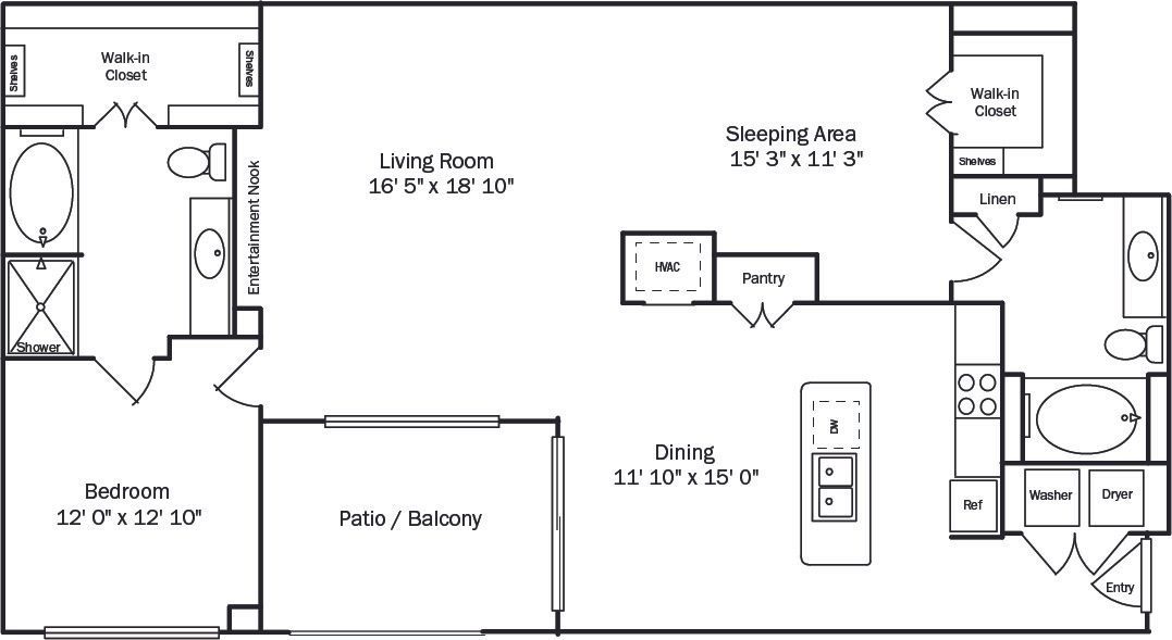 Floor plan of an apartment, showing bedroom, living room, kitchen, bathroom, and balcony layout.