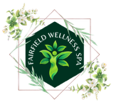 A logo for fairfield wellness spa with flowers around it