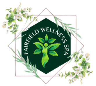 A logo for fairfield wellness spa with flowers around it