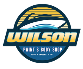 Wilson Paint & Body Shop logo in blue, white, and yellow with stylized car graphic