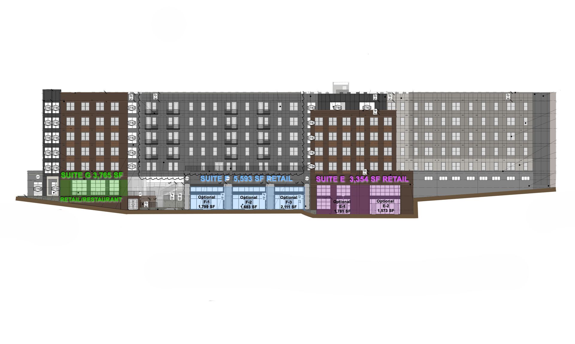Elevations of Rambler Athens with Retail Suites highlighted.
