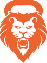 A lion 's head with a barbell in the background.