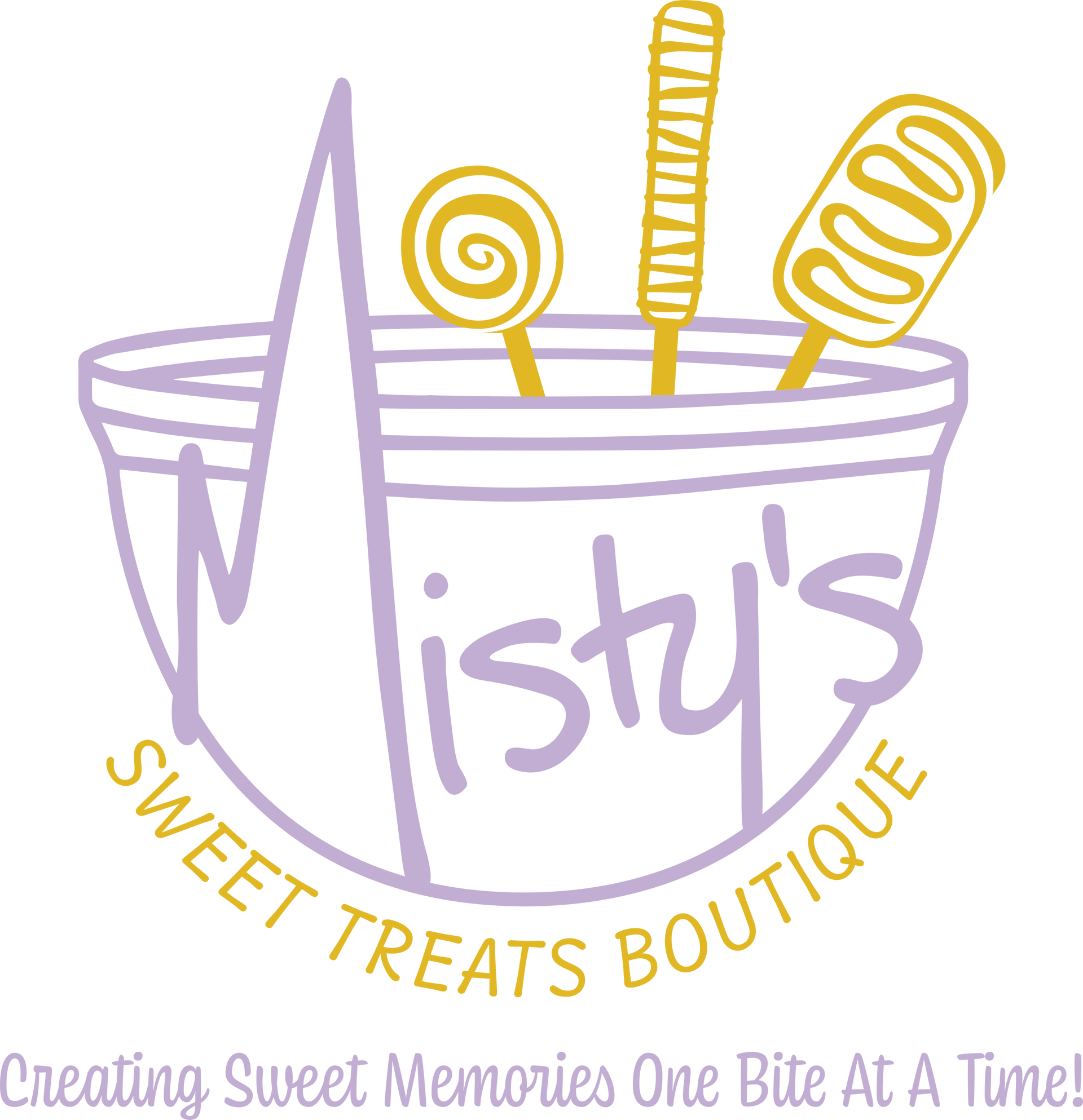 Misty's Sweet Treats Boutique logo with a bowl of candy and text in lavender and gold colors.