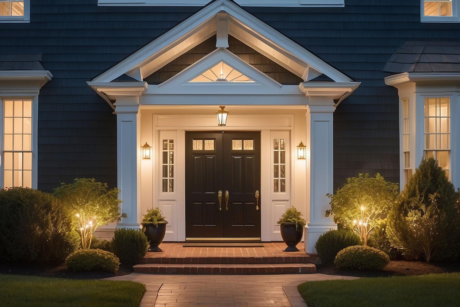 The front entrance of a dark-sided house with white columns, a double door, and illuminated porch lights and landscaping.