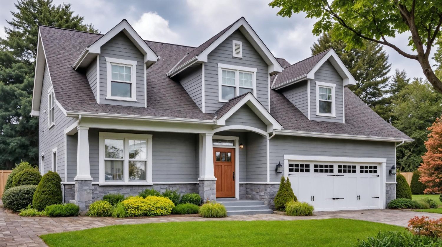 A two-story grey house with a white garage, wooden front door, and manicured green lawn under a cloudy sky.