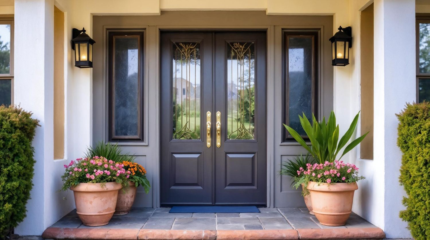 Double black front doors with sidelights, flanked by potted flowers and bushes, under a covered entry.