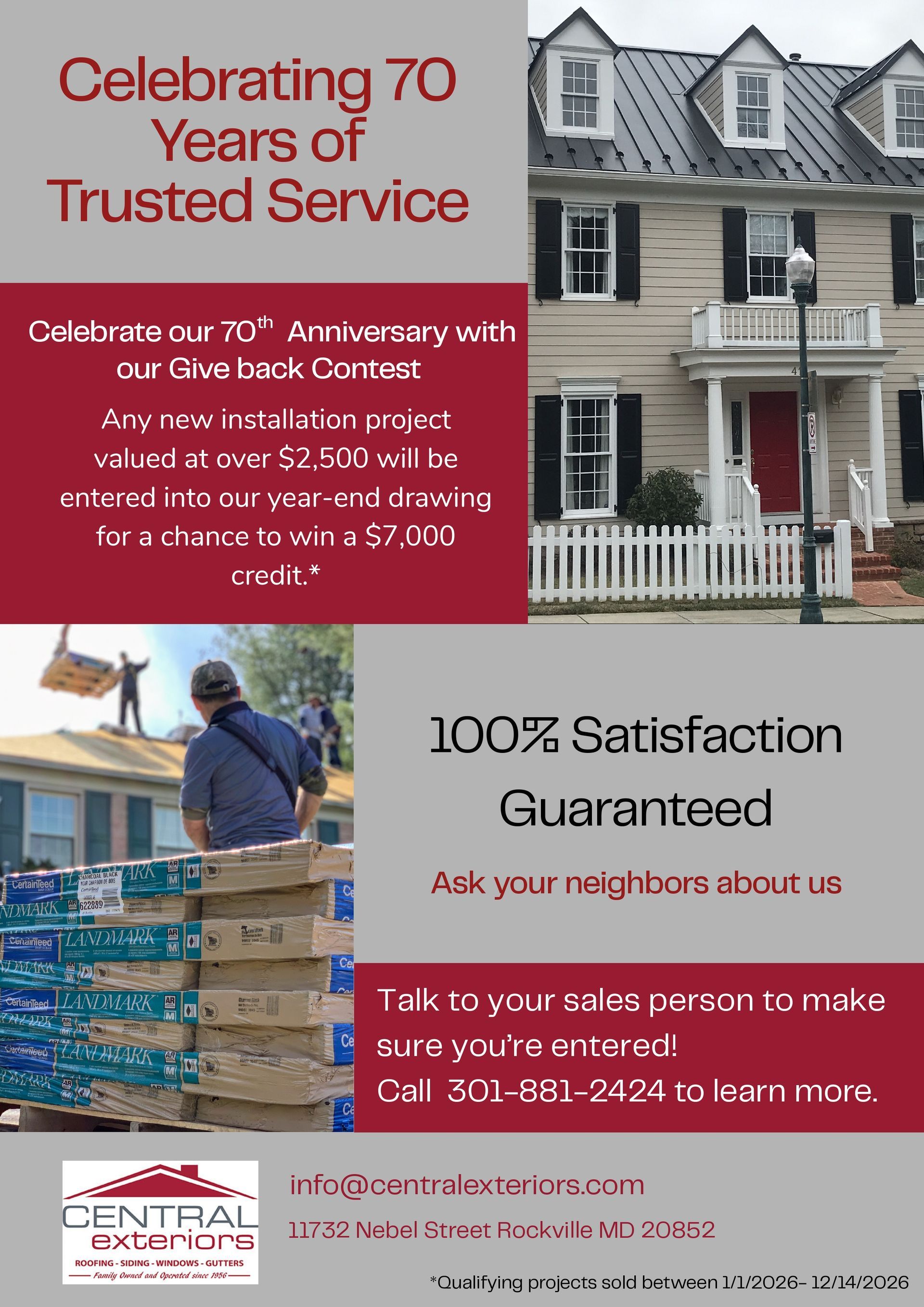 Advertisement for Central Exteriors: celebrating 70 years. Features house, workers, guarantee, and contact info in red and gray.