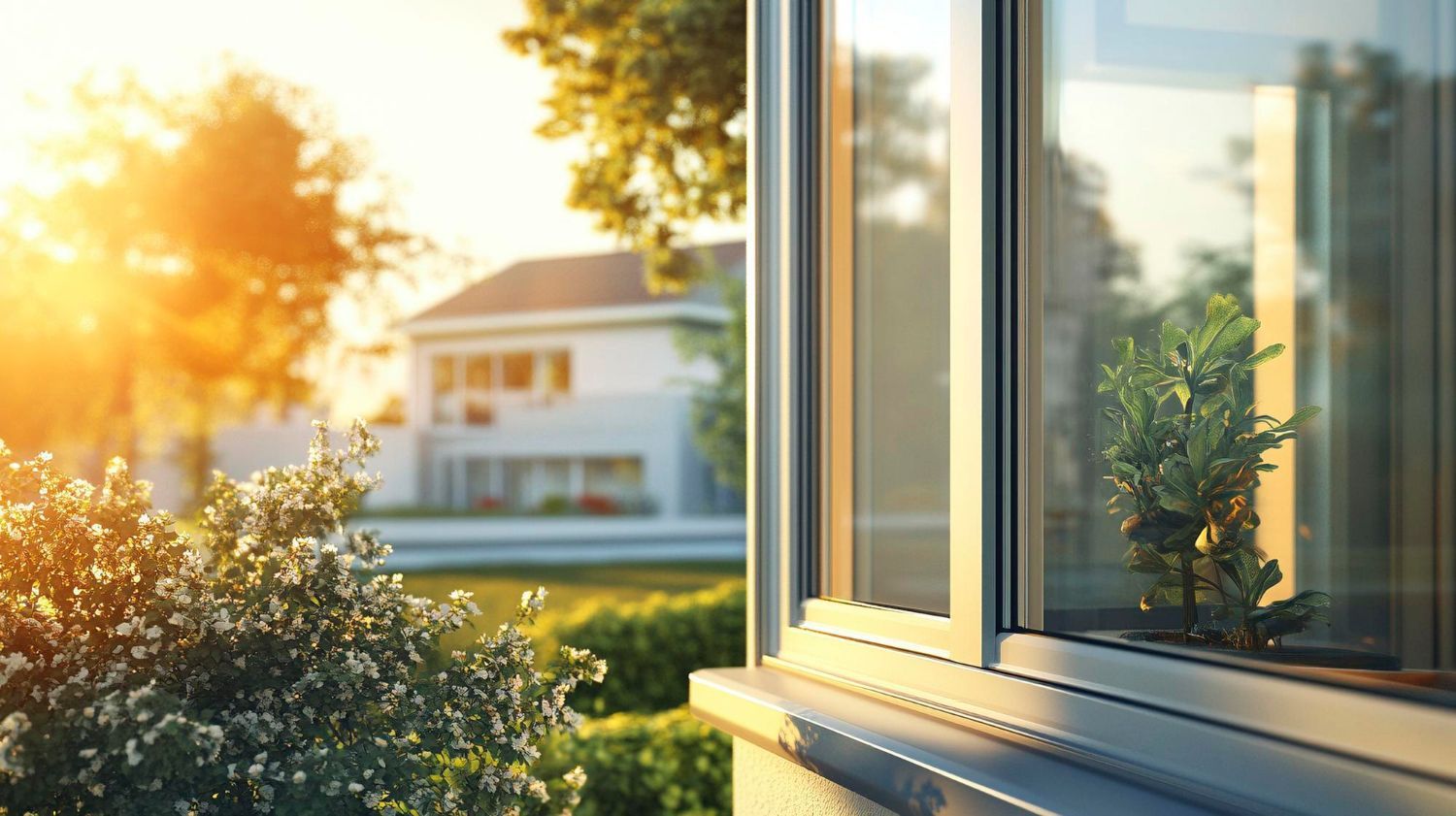 Sunlit window with a small plant, reflecting a house and green outdoor foliage.