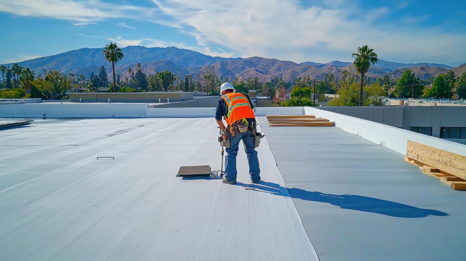 A construction worker in a high-visibility vest stands on a flat, white rooftop with mountains in the background.