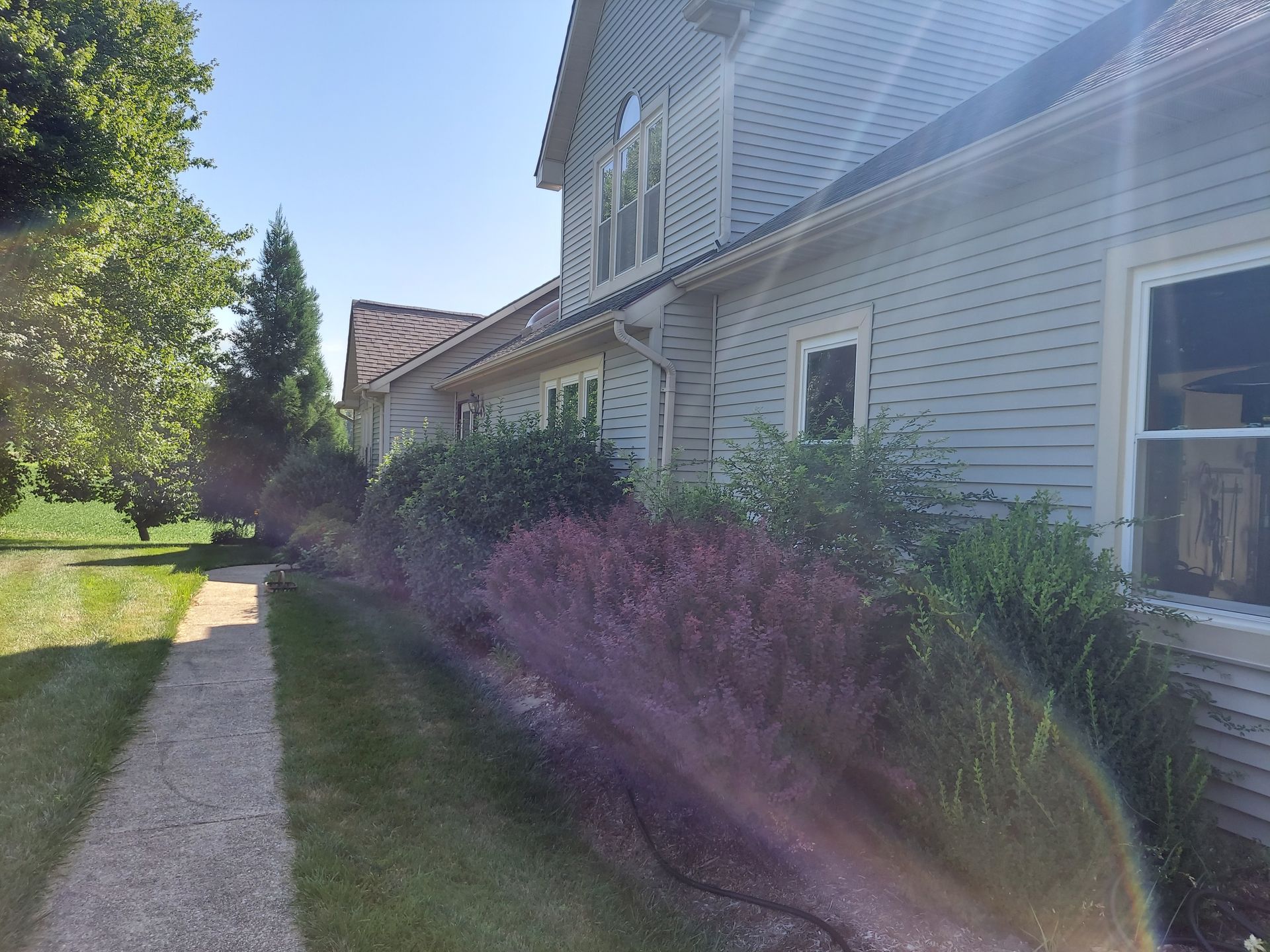 A light blue house with white trim, a gravel path, and bushes, on a sunny day.