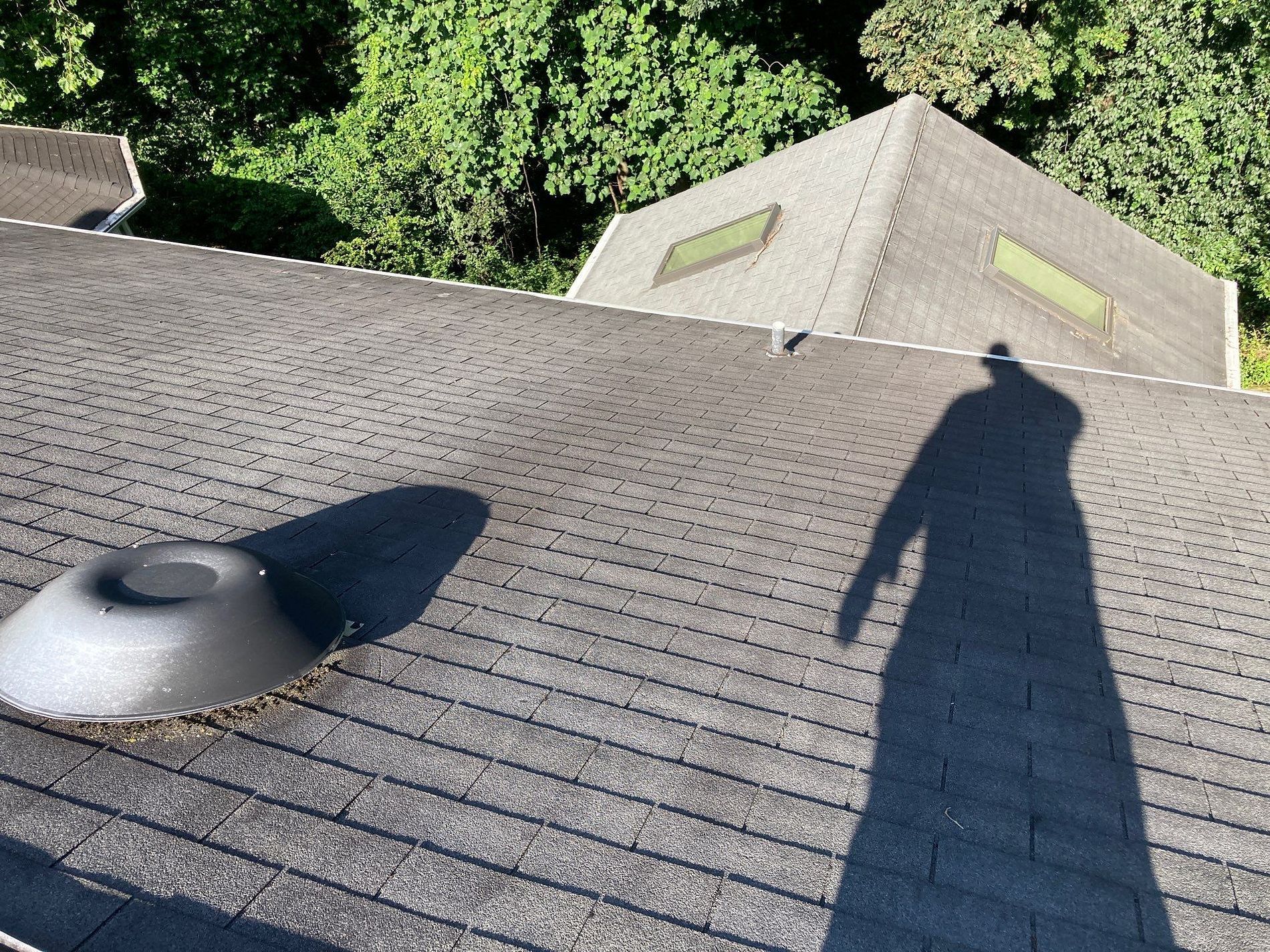 Shadow of a person on a gray shingled roof with a vent and another roof in the background.