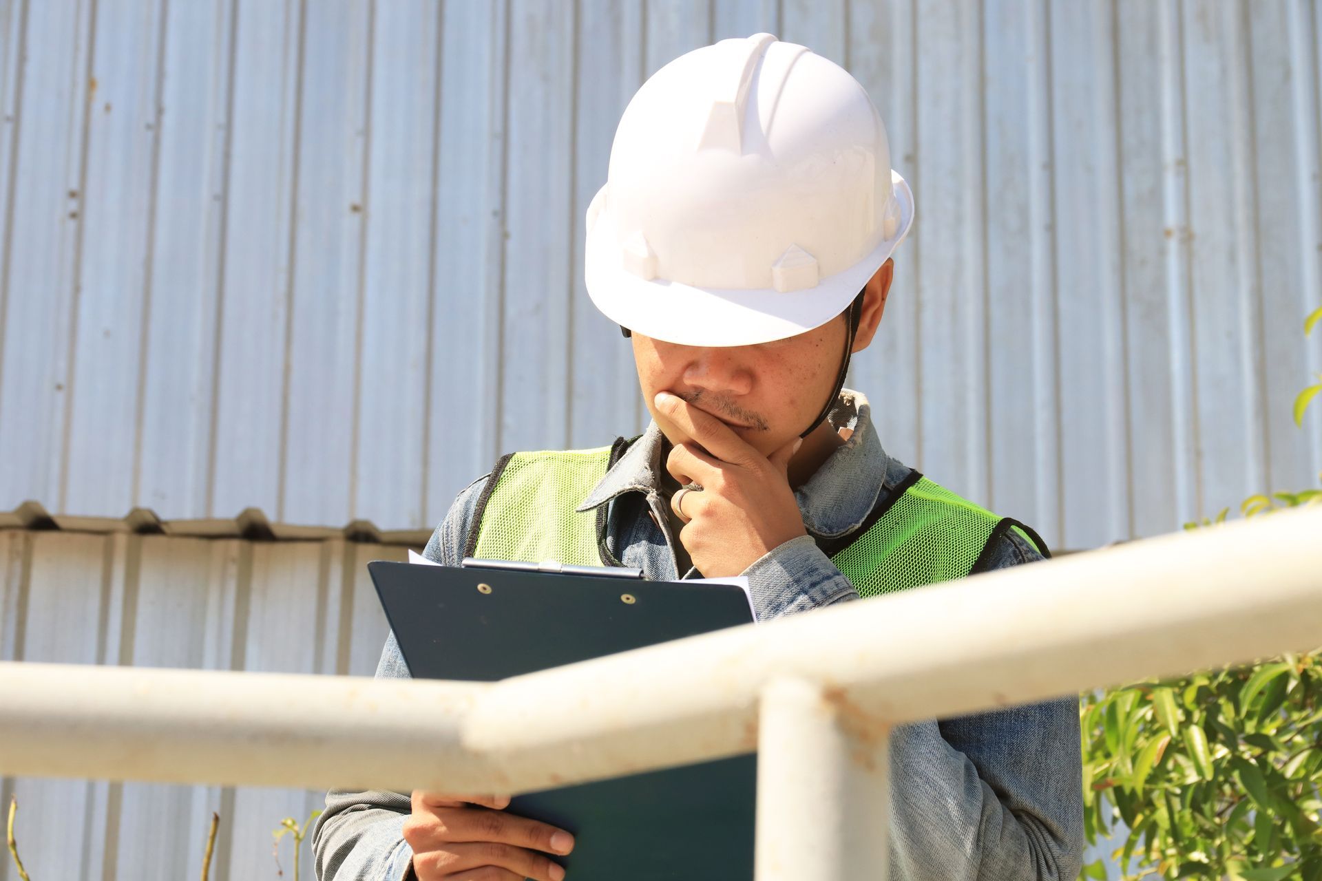Construction worker in hard hat and vest, inspecting clipboard, thoughtful expression.