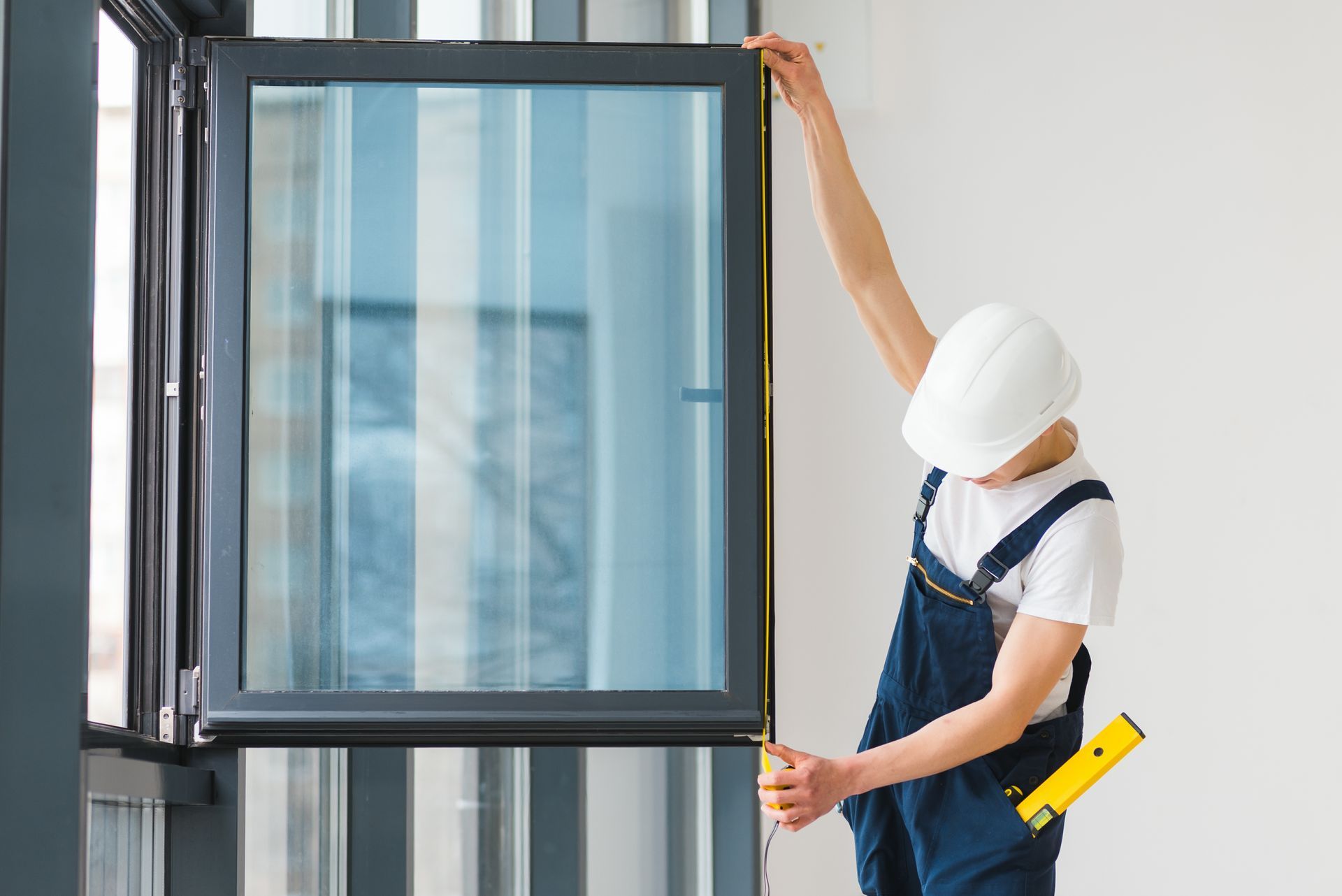 A man is measuring a window with a tape measure.