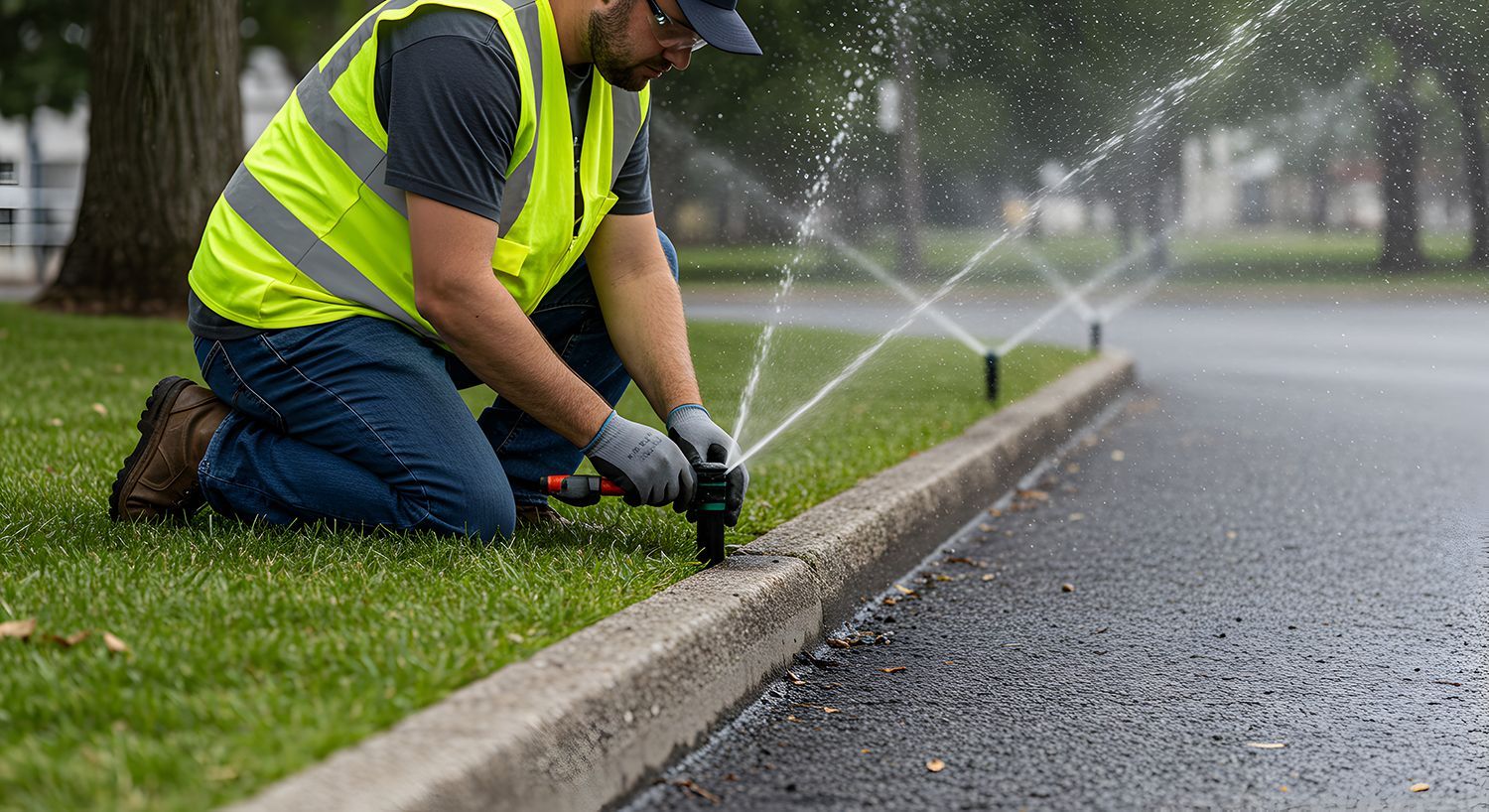 A worker adjusts a roadside sprinkler, ensuring efficient irrigation.